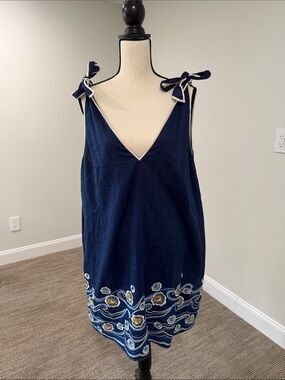 Anthropologie Navy Blue Mini Dress with Embroidered Hem XL Linen
